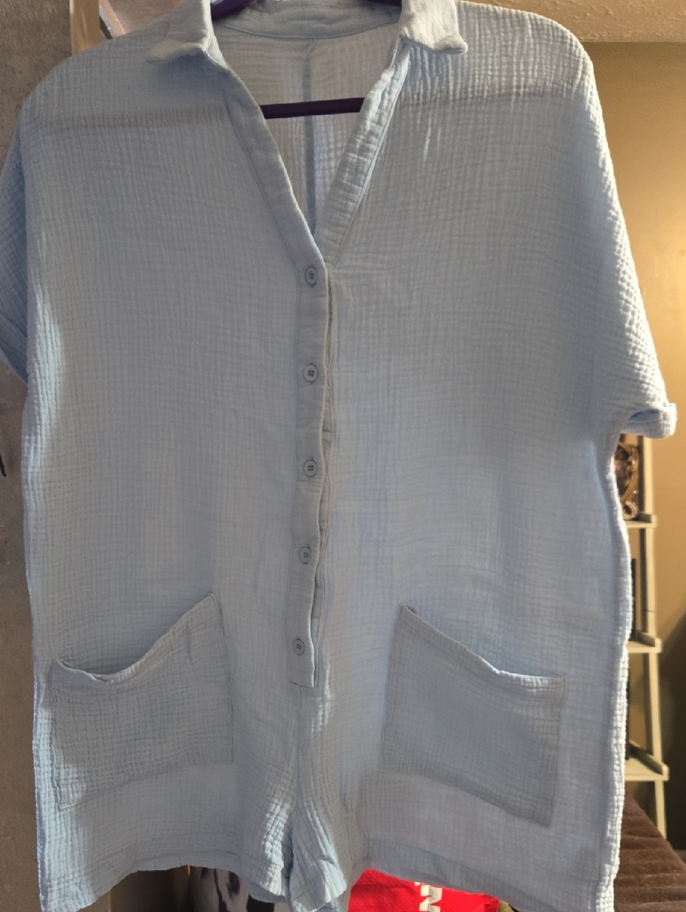 Light Blue Button-Up Gauze Romper with Front Pockets